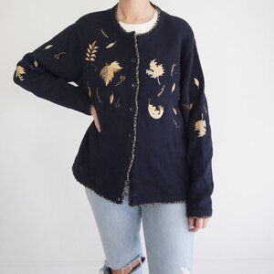 Vintage Christopher & Banks Embroidered Leaf Cotton Cardigan Fall Cottagecore L